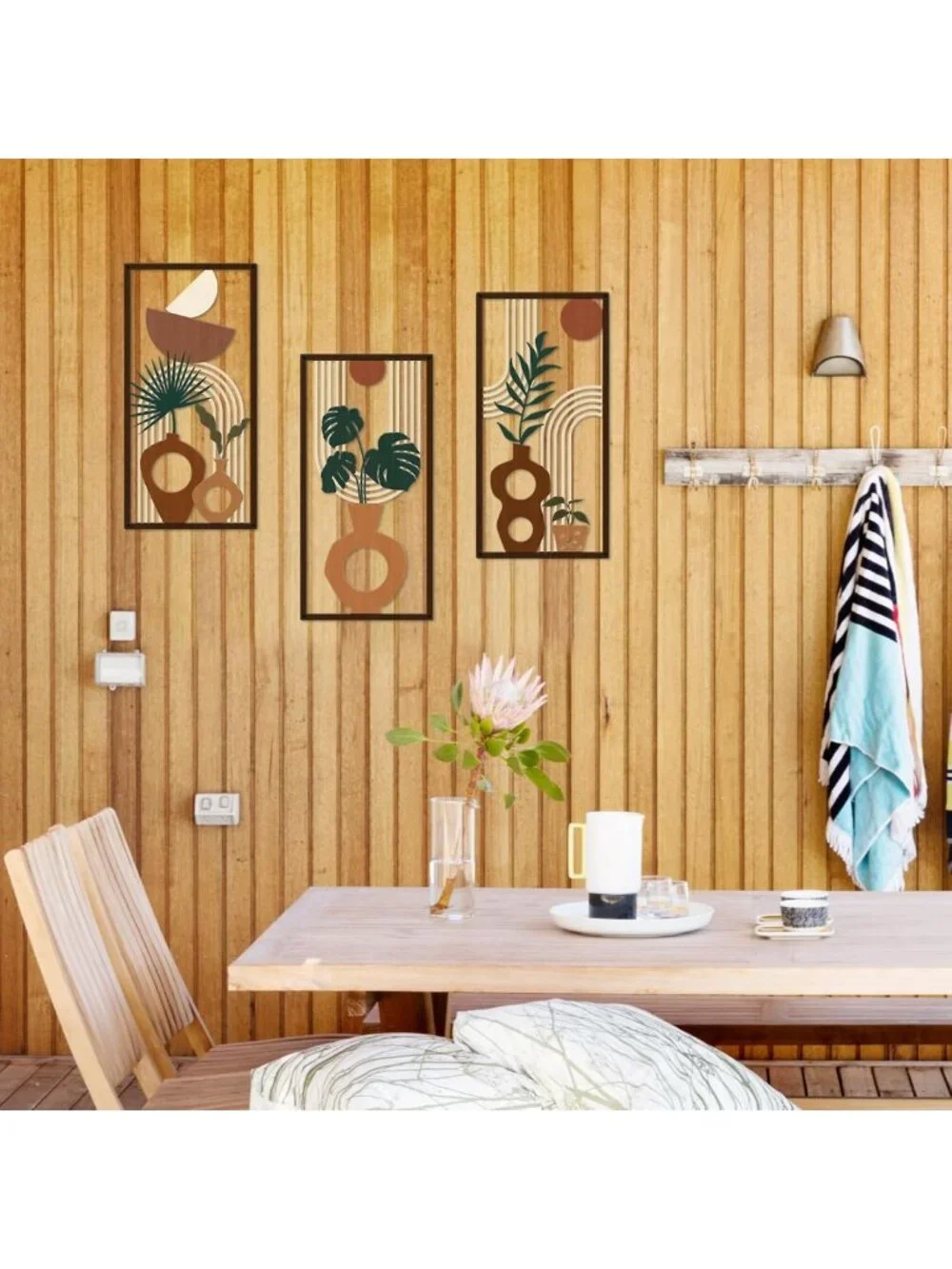3 Pcs Boho Metal Wall Art Set - Mid Century Modern Plant Vase Decor, Tropical